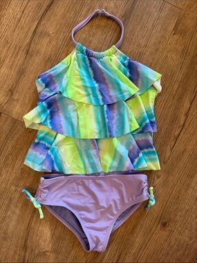 Catalina Lavender Halter Ruffle Tankini with Blue-Green Tie-Dye